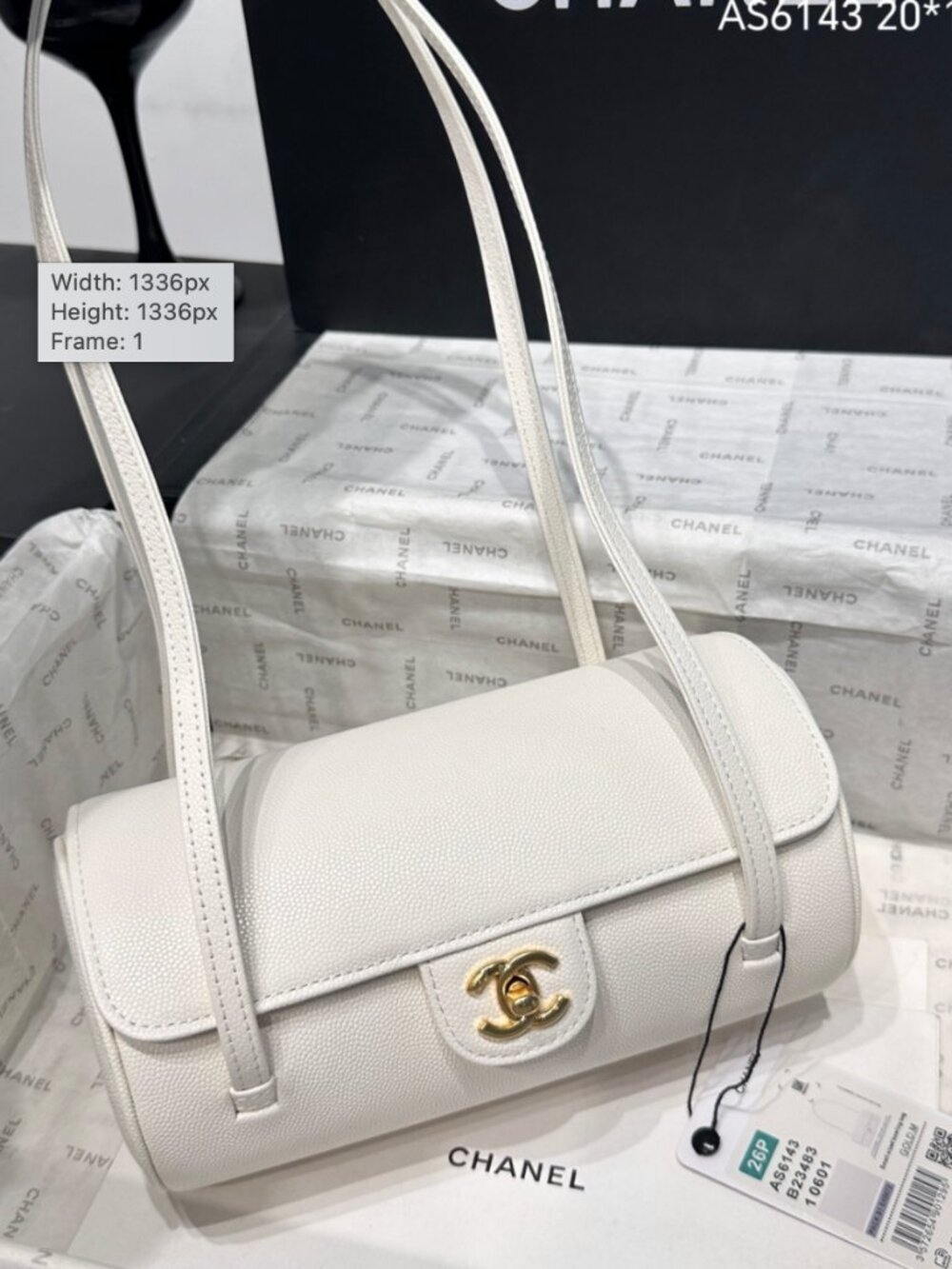 Chanel Preppy Coco Bowling Bag White Shiny Caviar Brushed Gold Hardware